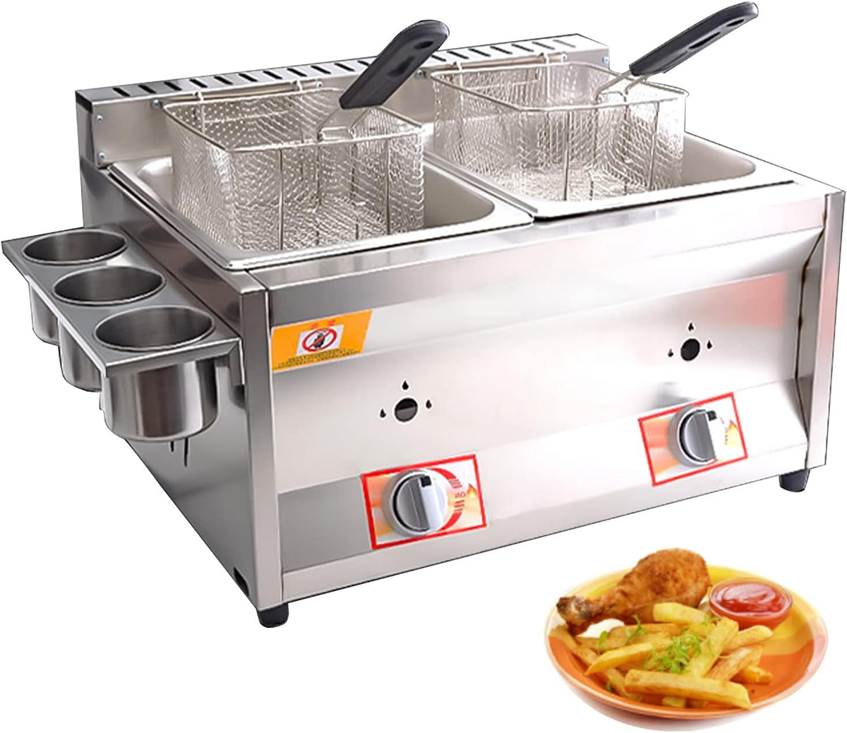 Gas Heißluftfritteuse, 55x44x27 cm, 10 L, Silber, Fritteuse mit *2 Korb und Deckel, Edelstahl-Arbeitsplatte Propan (LPG) mit Metallrohr