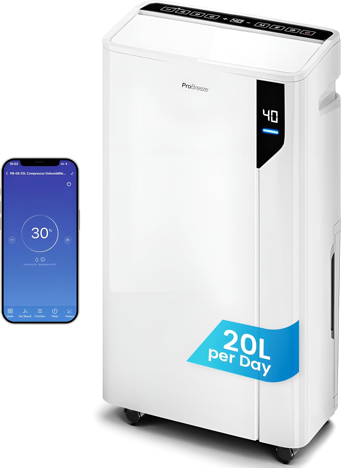 Pro Luftentfeuchter, 20 L, 35m, Weiß, Breeze in 24h Entfeuchtungsleistung - elektrisch mit, Feuchtigkeitssensor