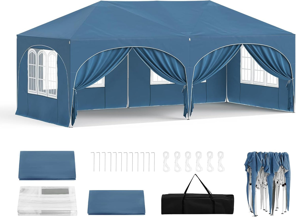 WOLTU Pavillon, Blau, Falt 3x6m Pop up mit 6 Seitenwänden Partyzelt