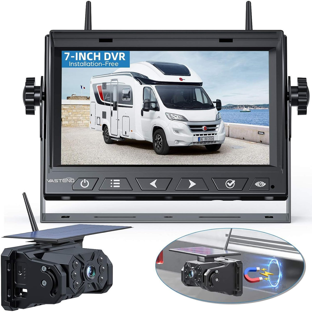 VASTEND Monitor, 7 Zoll, Weiß, Rückfahrkamera Kabellos Solar mit (VS-7A)