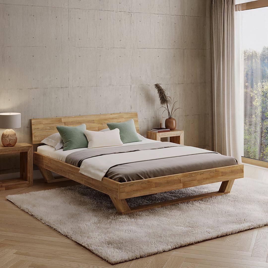 skølm Bett, 160x200 cm, Massive Eiche (geölt, lackiert), Eiche, Nornir Massivholz, mit Kopfteil