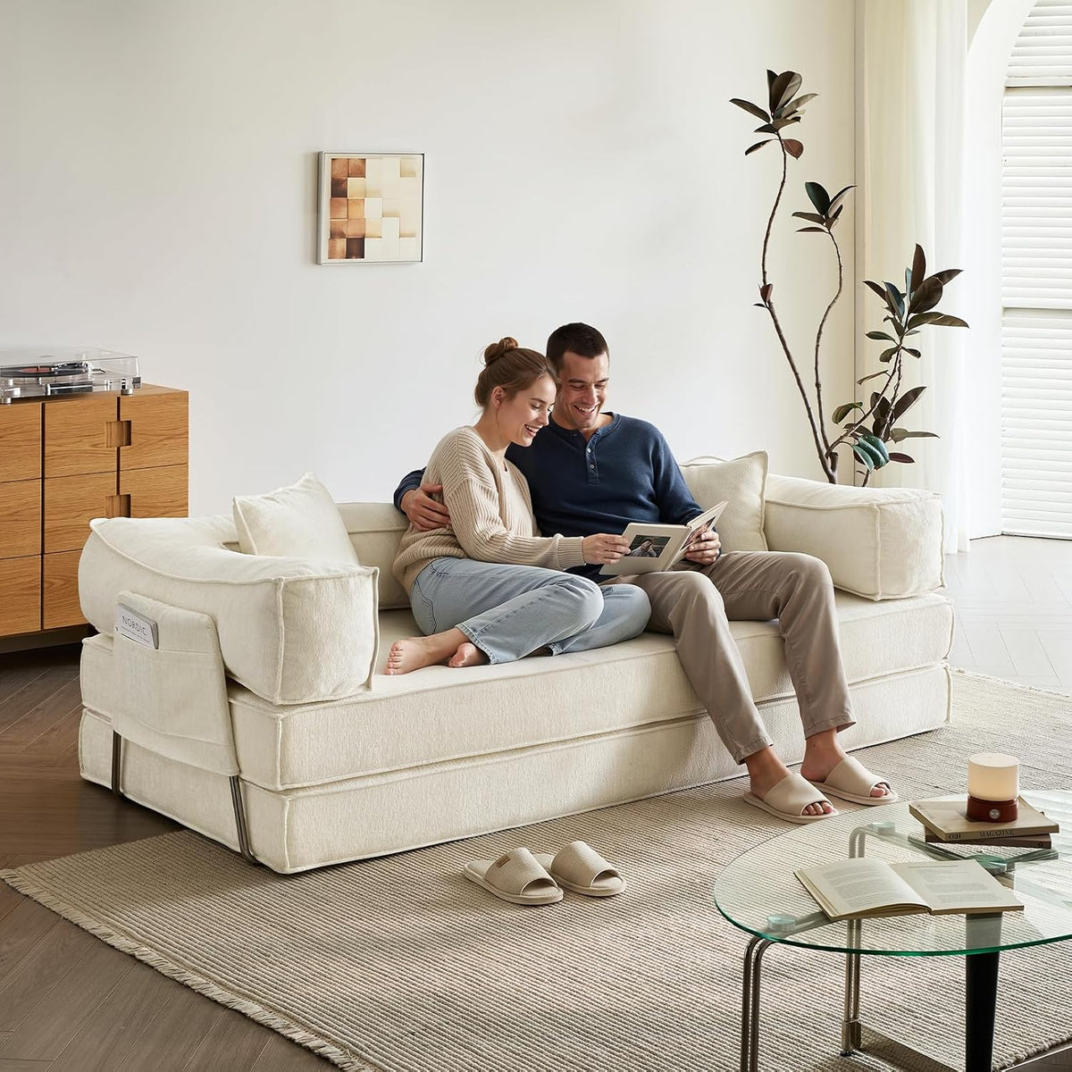 WOLTU Sofa, 207 cm, Beige, Schlaf 3-Sitzer, Boden, Couch mit 2 Kissen, Chenille