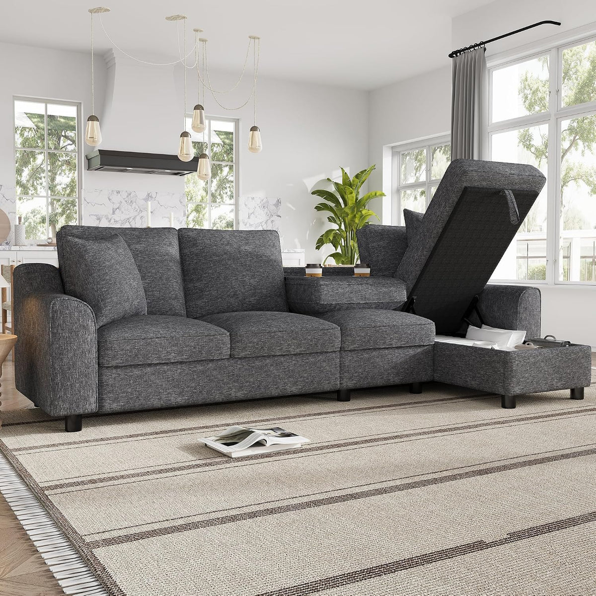 Sofa Merax, Grau, Eck mit Chaiselongue und Stauraum, L-Form Wohnlandschaft aus Chenille, 4-Sitzer mit klappbarer Rückenlehne und Getränkehaltern