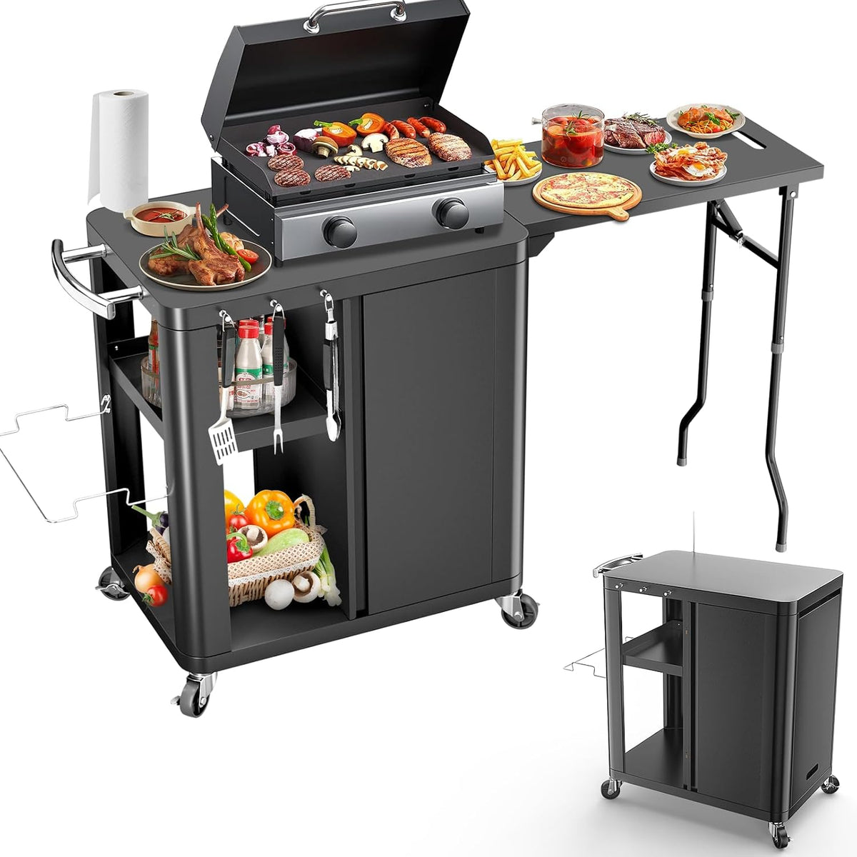 GFTIME Beistelltisch, 143×37×89 cm, Schwarz, Grillwagen, Grilltisch mit klappbarer, Outdoorküche mit Haken, Aufbewahrungsregal und Schrank