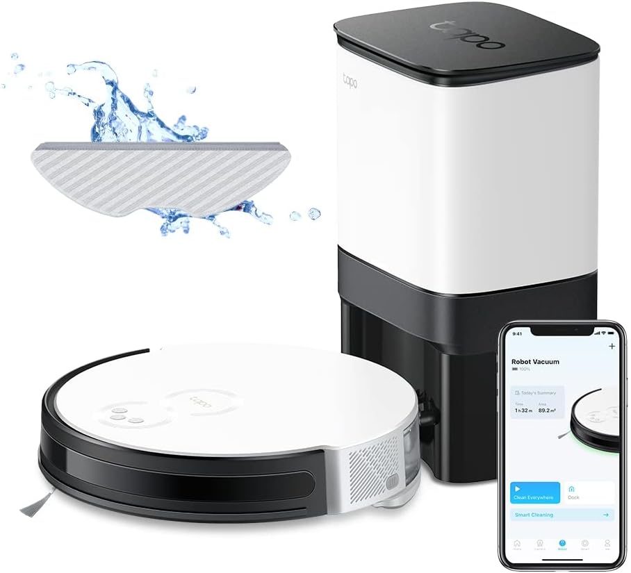 Tapo Saugroboter, Schwarz, TP-Link RV10 Plus & Mop + Smart Auto-Empty Dock, 4-Level 2000Pa Saugkraft, Google Assistant & Alexa kompatibel