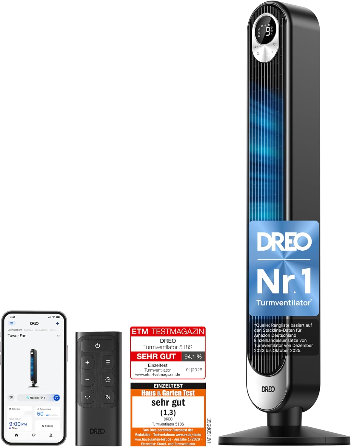 DREO Ventilator, 20 dB, 11M, Schwarz, Smart DC Motor Turm Leiser, Windentfernung mit Fernbedienung, 9 Stufen 4 Modi