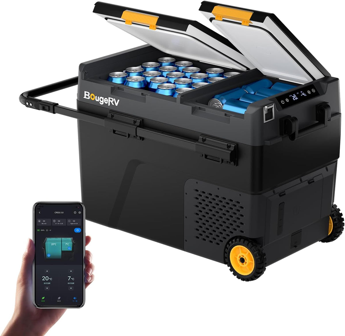 BougeRV Kühlschrank, 230 V, 49 L, 12 V, 24 V, Schwarz/Gelb, CRD2 V2.0 Kompressor Kühlbox mit Gefrierfach Doppeltür