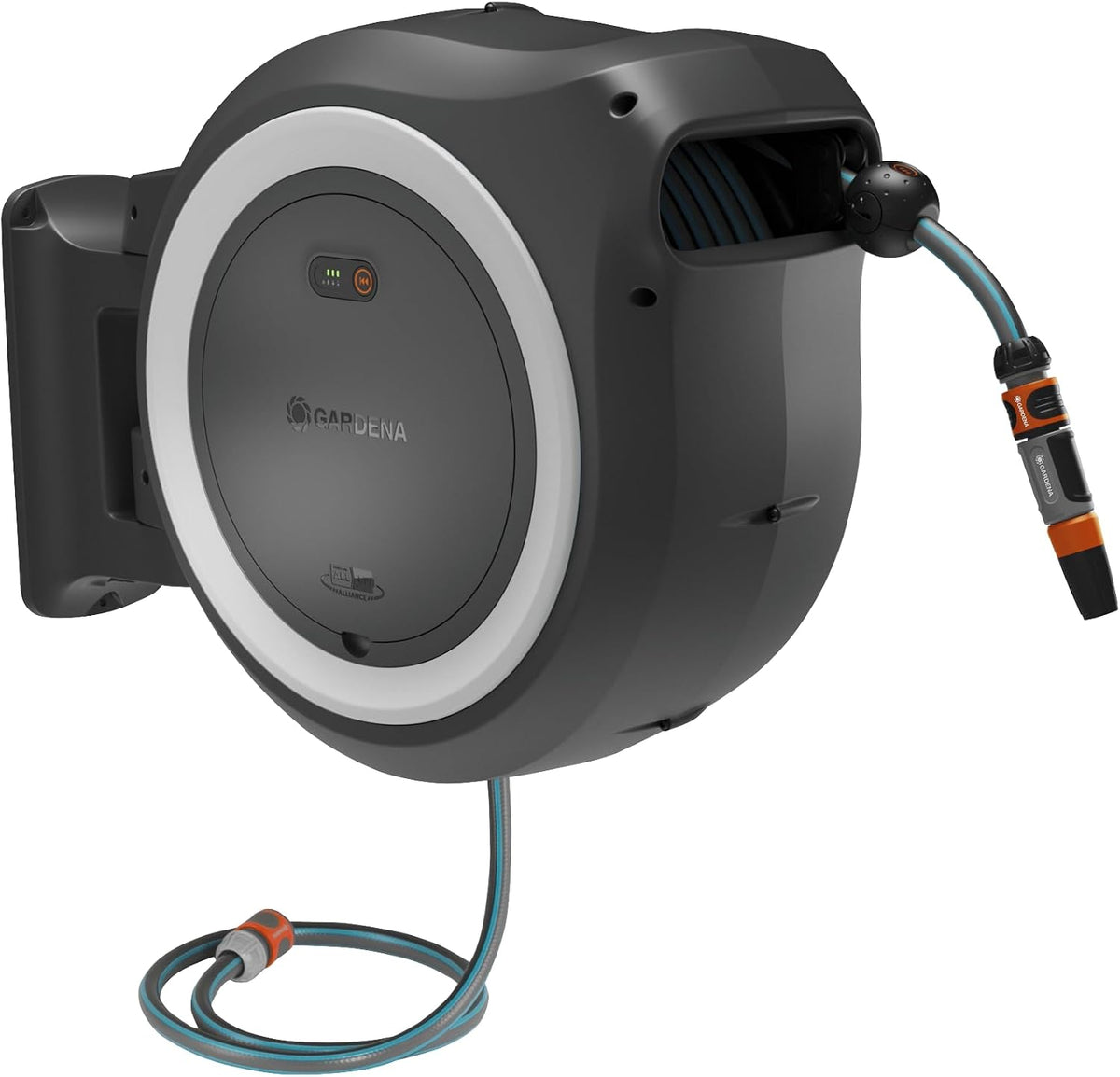 Gardena Schlauchhalter & -wagen, 35 m, Schwarz/Grau/Orange/Blau, Akku-Wand-Schlauchbox PowerRoll XL solo: Automatischer