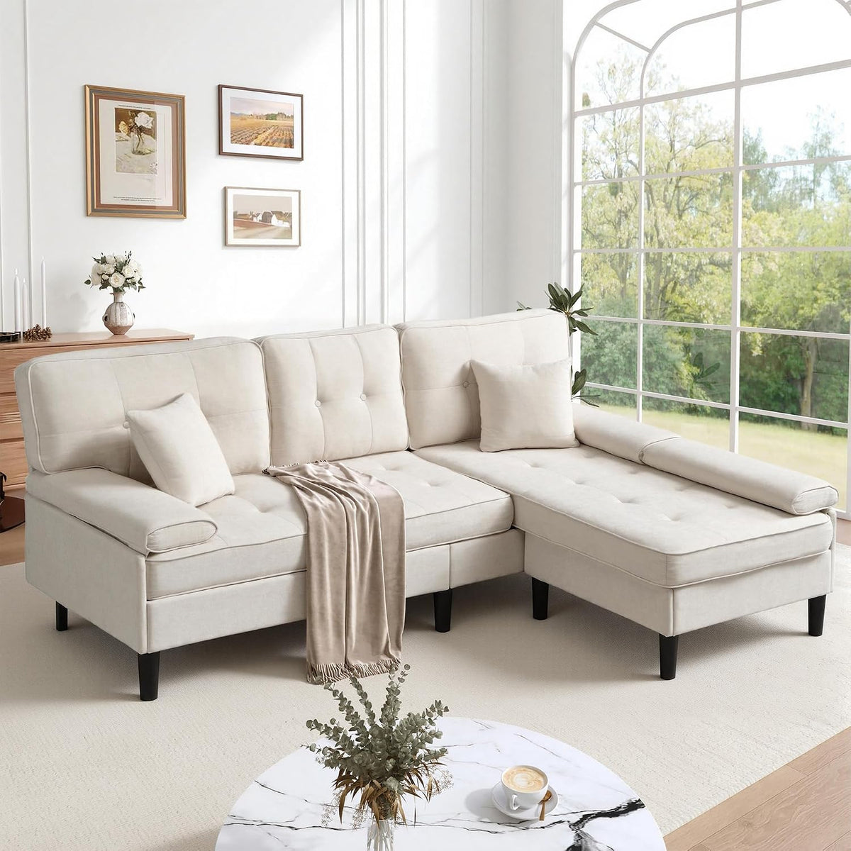 Modernes Sofa, 500 kg, Hellbeige, Modulares 3-Sitzer Polsterecke mit Fußbank Couchgarnitur