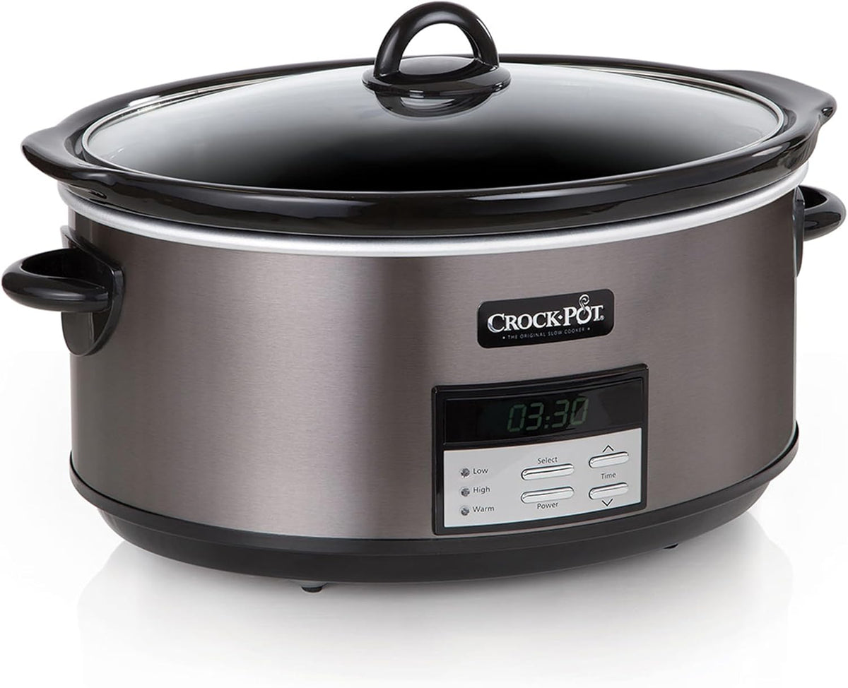 Crock-Pot Schongarer, Silber, Großer programmierbarer mit automatischer Warmeinstellung, Edelstahl, inkl. Kochbuch (1 Stück)