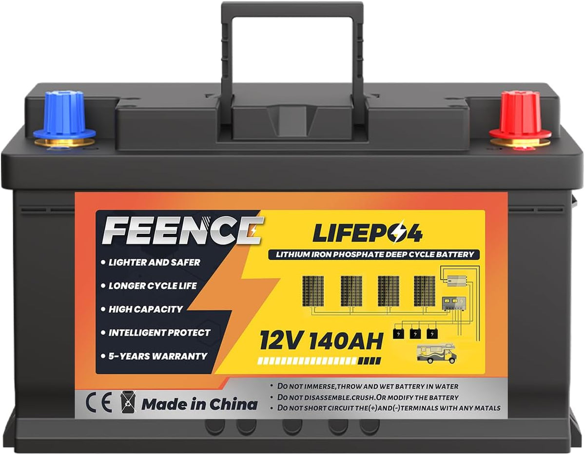 FEENCE Deep-Cycle-Batterien, 1792 Wh, 140 Ah, 12 V, Schwarz/Orange, H190 Bluetooth Untersitz LiFePO4 Batterie, Niedrigtemperaturschutz