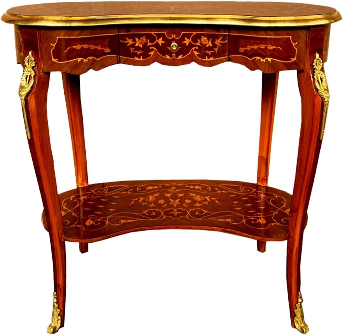 Casa Padrino Beistelltisch, Massivholz , Messing, Braun/Gold, Barock mit Schublade Braun Intarsien/Gold - Antik Stil
