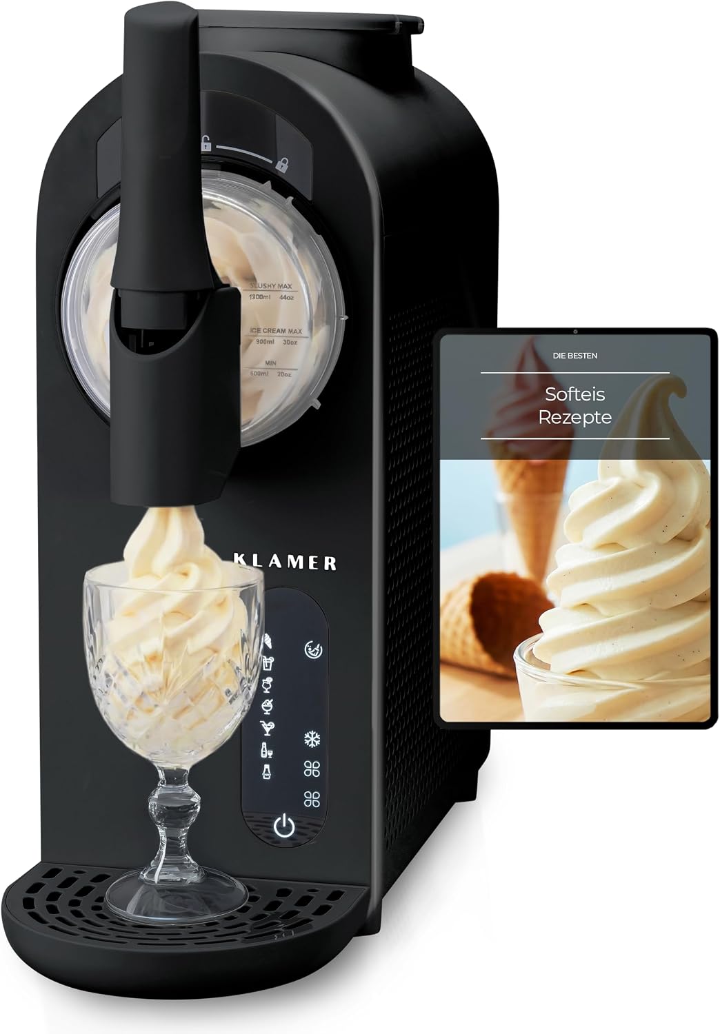 KLAMER Eismaschine, 190 W, 1,5 L, Schwarz, Soft, & Slush Maschine mit 7 Programmen: Softeis, Slushie, Frappé uvm
