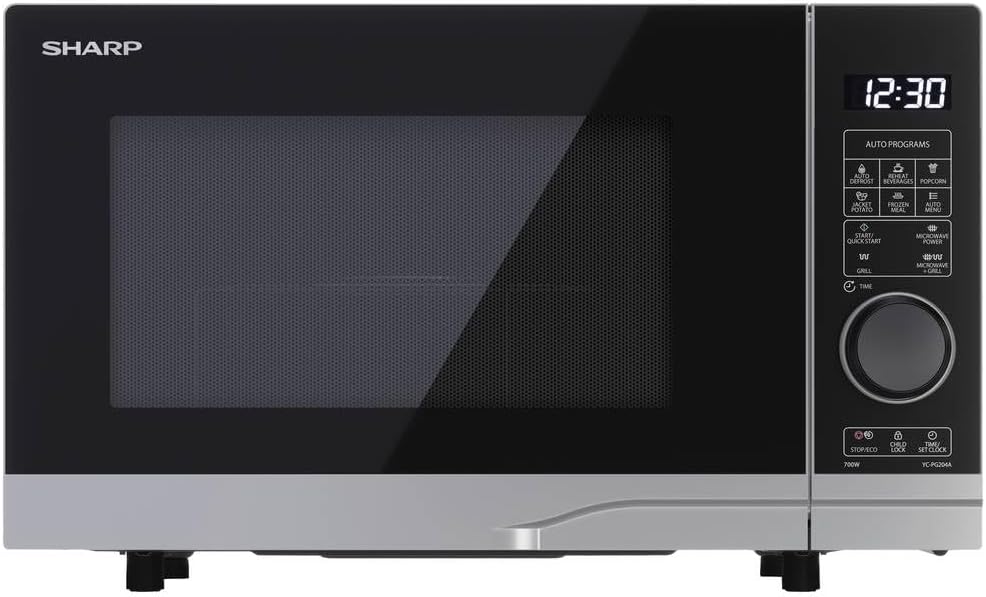SHARP Mikrowelle, 700 W, 900 W, 20 L, Silber, YC-PG204AE-S 2 in 1, Grill, Halbdigitale Steuerung, Freistehend