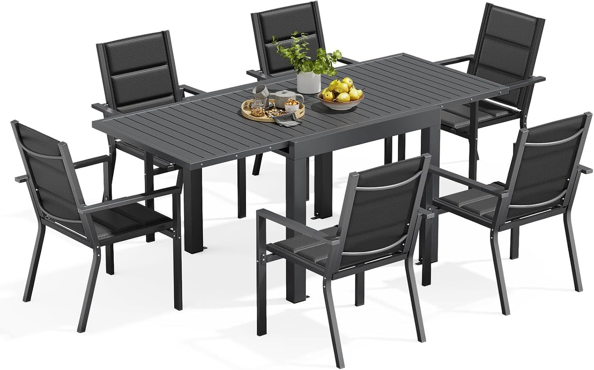 Gartenmöbel-Set Devoko, 160 cm, Dunkelgrau, Gartenmöbel Set 6 Personen, 6+1 Aluminium Tisch und Stühle Set Balkonmöbel