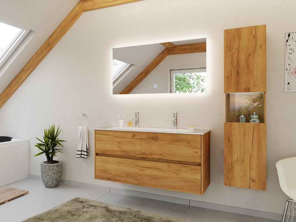 Magnolia Home Badezimmer, 120 cm, Mehrfarbig, Doppel-Badmöbel Set Taifun 3tlg. mit LED Spiegel &