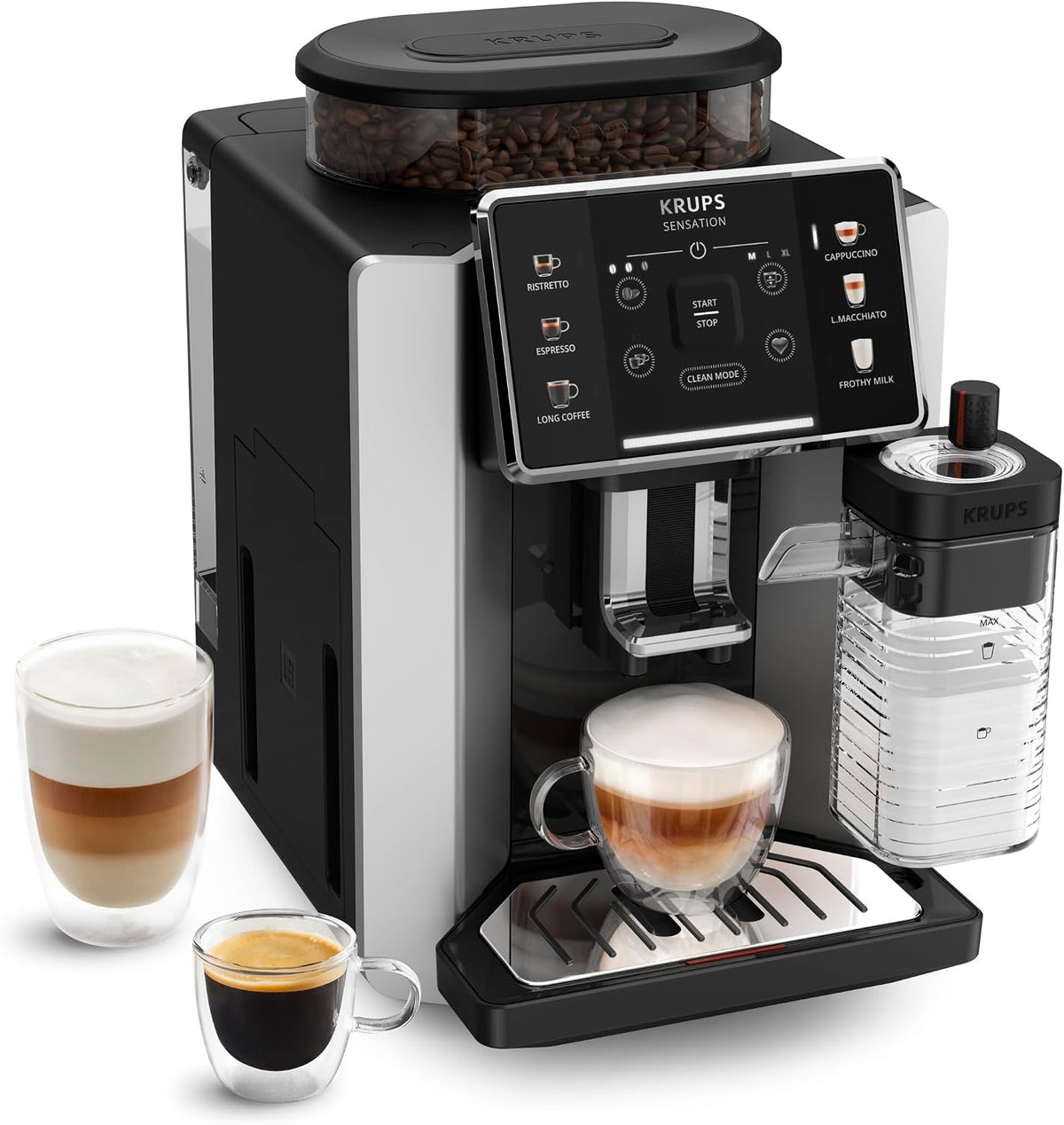 KRUPS Kaffeevollautomat, Schwarz/Silber, Sensation Milk, 6 Kaffee & Milchgetränke, Milch Maestro Technologie, einfach zu bedienen
