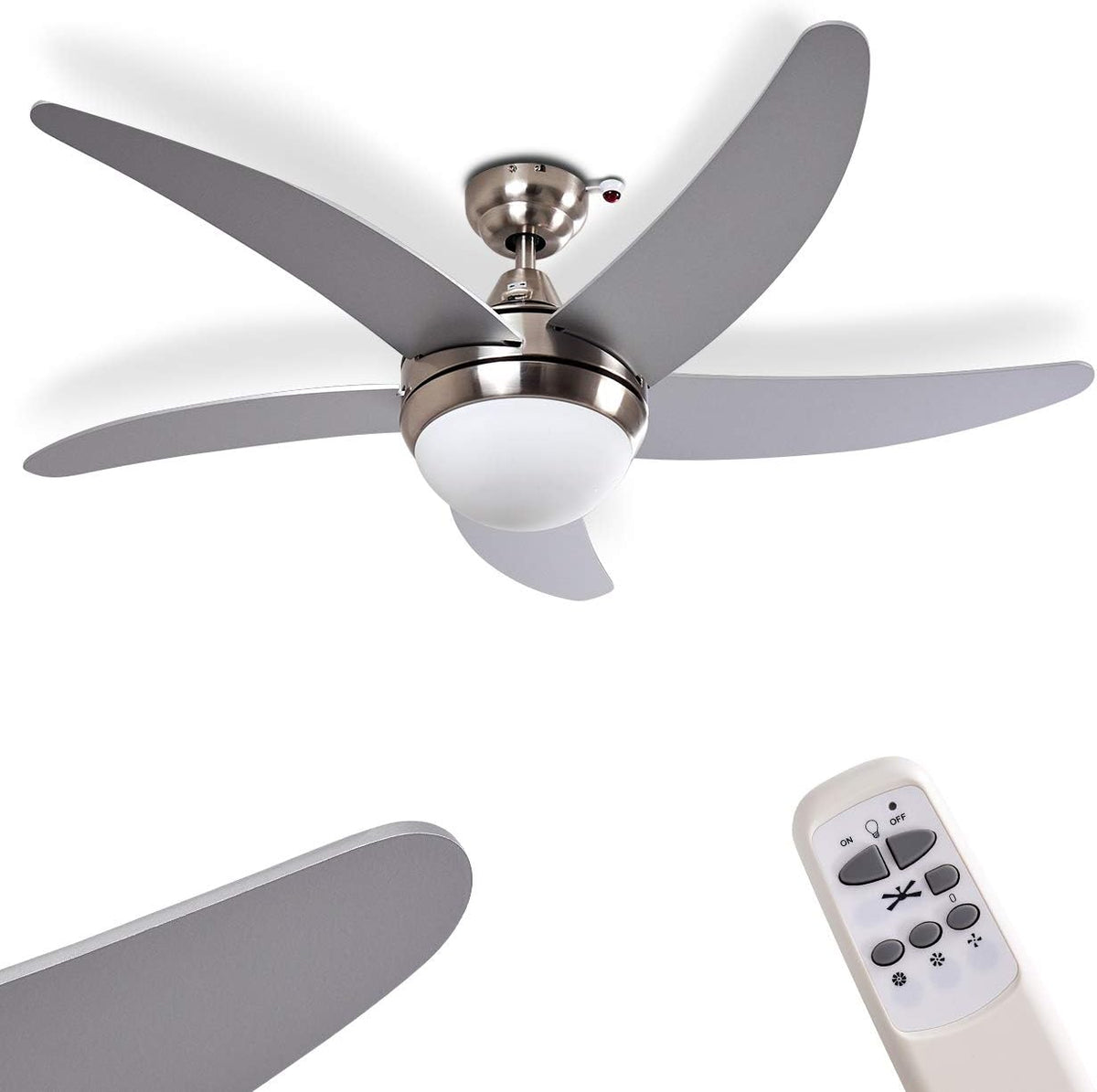 HOFSTEIN Deckenventilator, Silber, moderner Morino aus Metall/Holz/Glas in Nickel-matt/, Deckenlampe mit Ventilator inkl. Fernbedienung in 3 Stufen