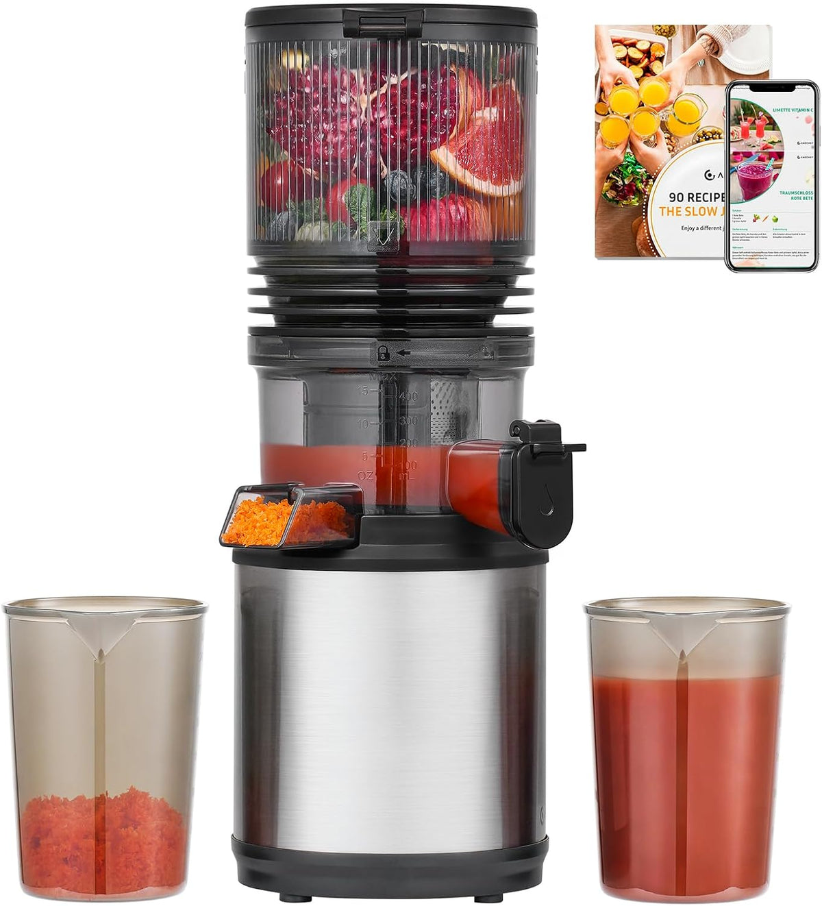 AMZCHEF Mastizier-Entsafter mit einer Schnecke, 160 mm, 180 W, 2 L, Silber, Slow Juicer, XXL-Einfüllschacht für ganze Früchte & Gemüse