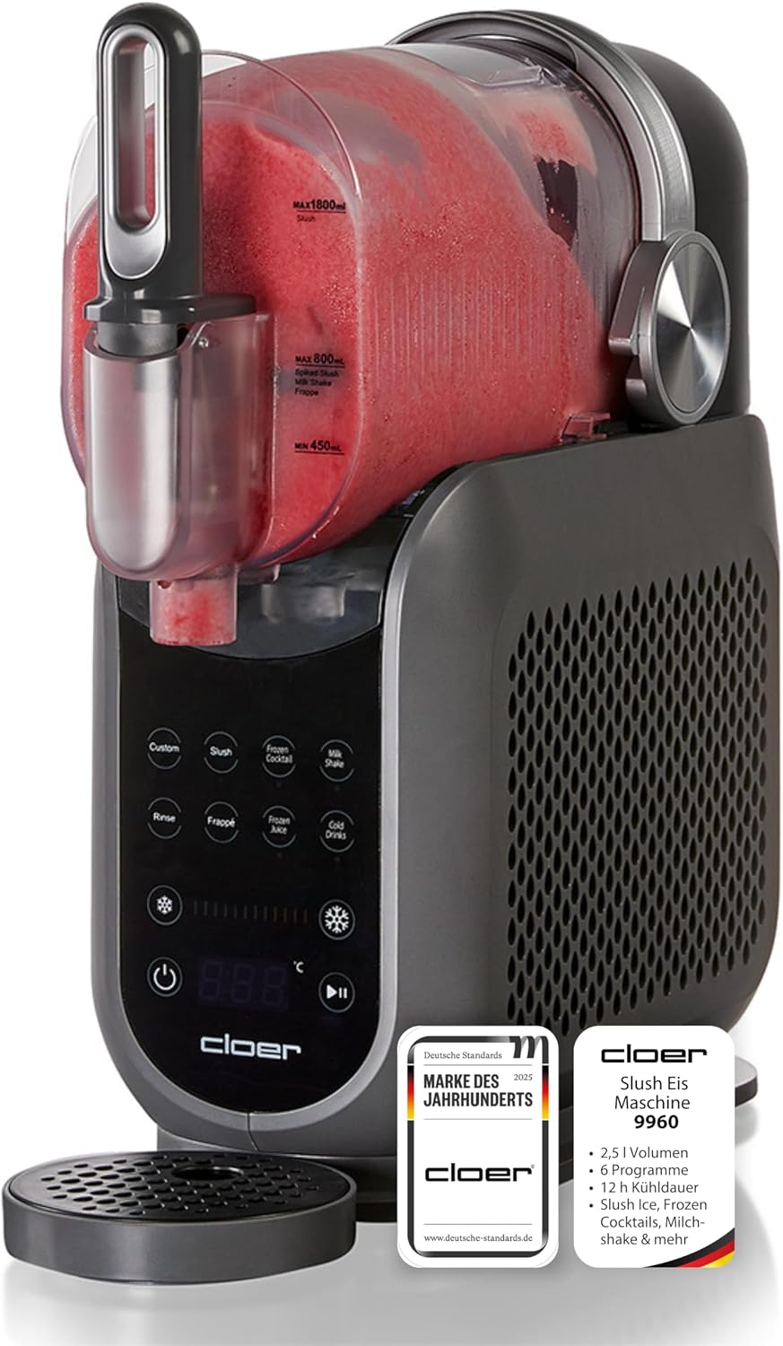 Cloer Eismaschine, 2,5 l, 200 W, Schwarz, 9960 Slush Eis Maschine mit Volumen, 6 Programmen und 12h Kühldauer, Frozen Cocktails