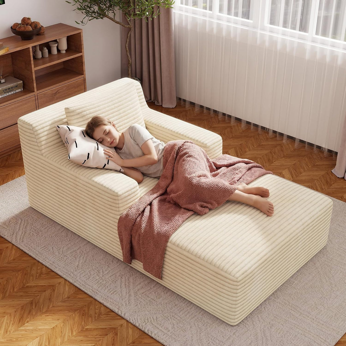 Aivermeil Sofa, Beige, Boneless Couch Modernes Cord Boden mit Schlaffunktion, Cloud mit Chaiselongue, 1 Kissen