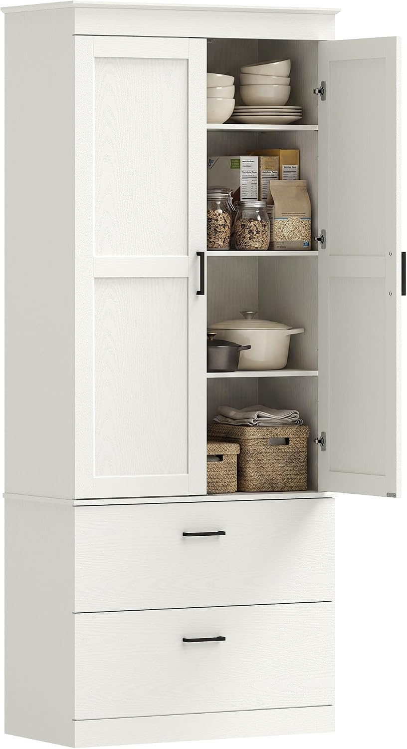 HOMCOM Buffetschrank, 75x39x178 cm, Weiß, Küchenschrank, Hochschrank 2 Schubladen Creme