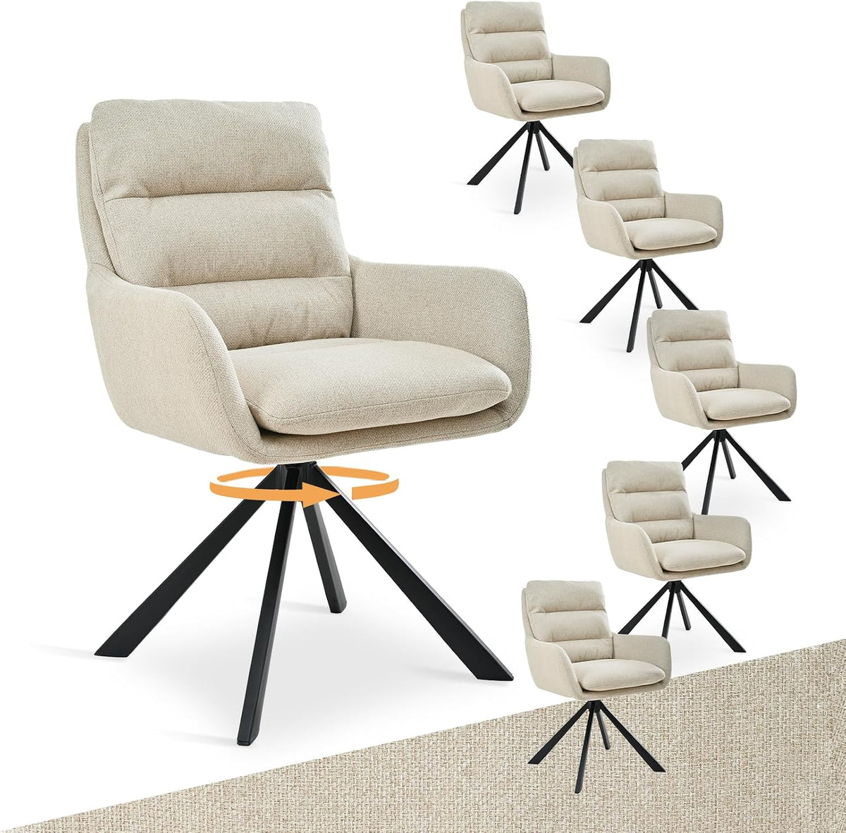 Bon Furni Esszimmerstuhl, Beige, Drehbar 6er mit Armlehne, 360° Drehbarer Einzelstuhl mit Doppelter Rückenlehne