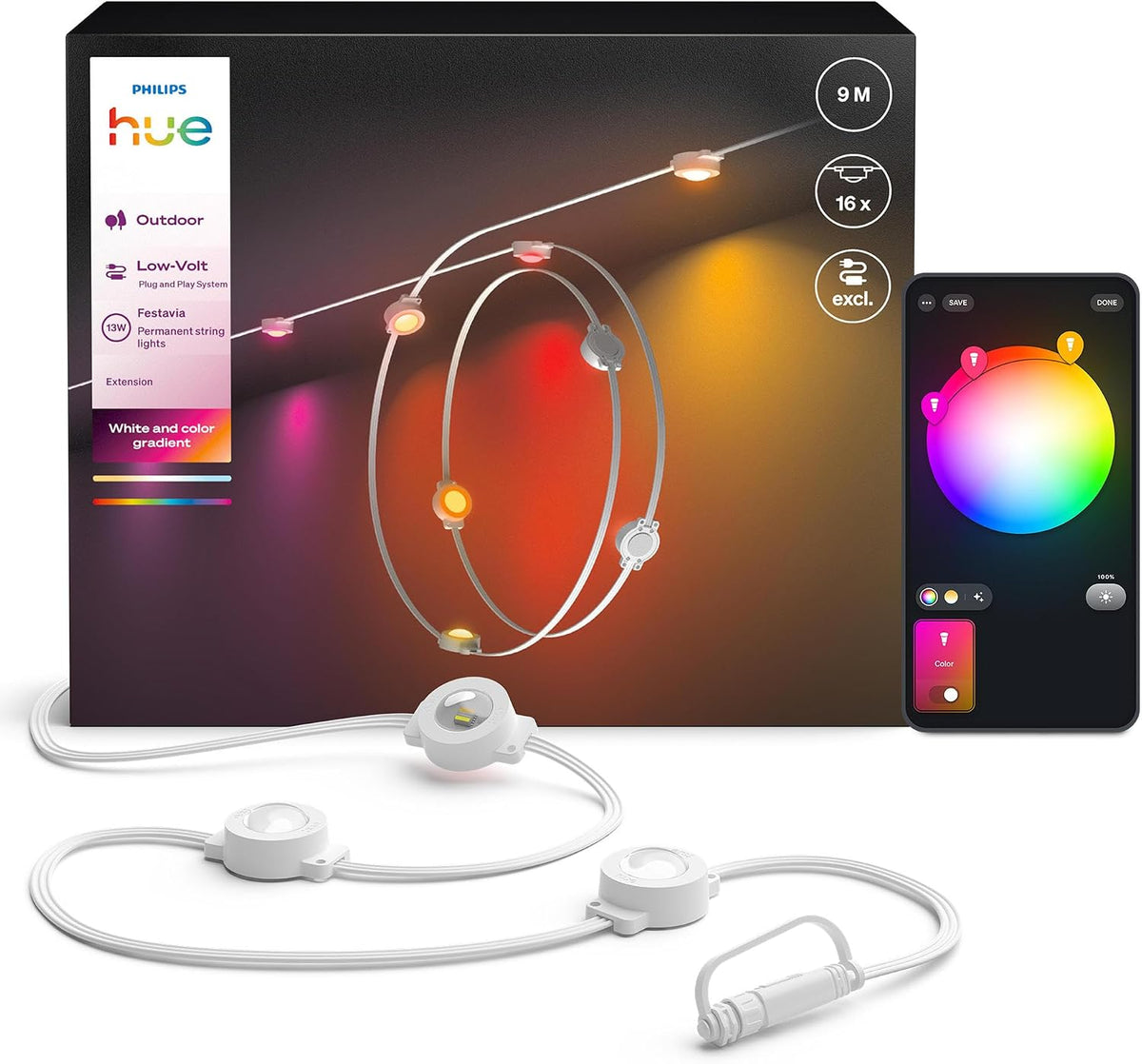 Philips Hue Kamera, 9m, weiß, Festavia Permanent Außenlichterkette, Erweiterung, dimmbar, wetterfest, wasserdicht