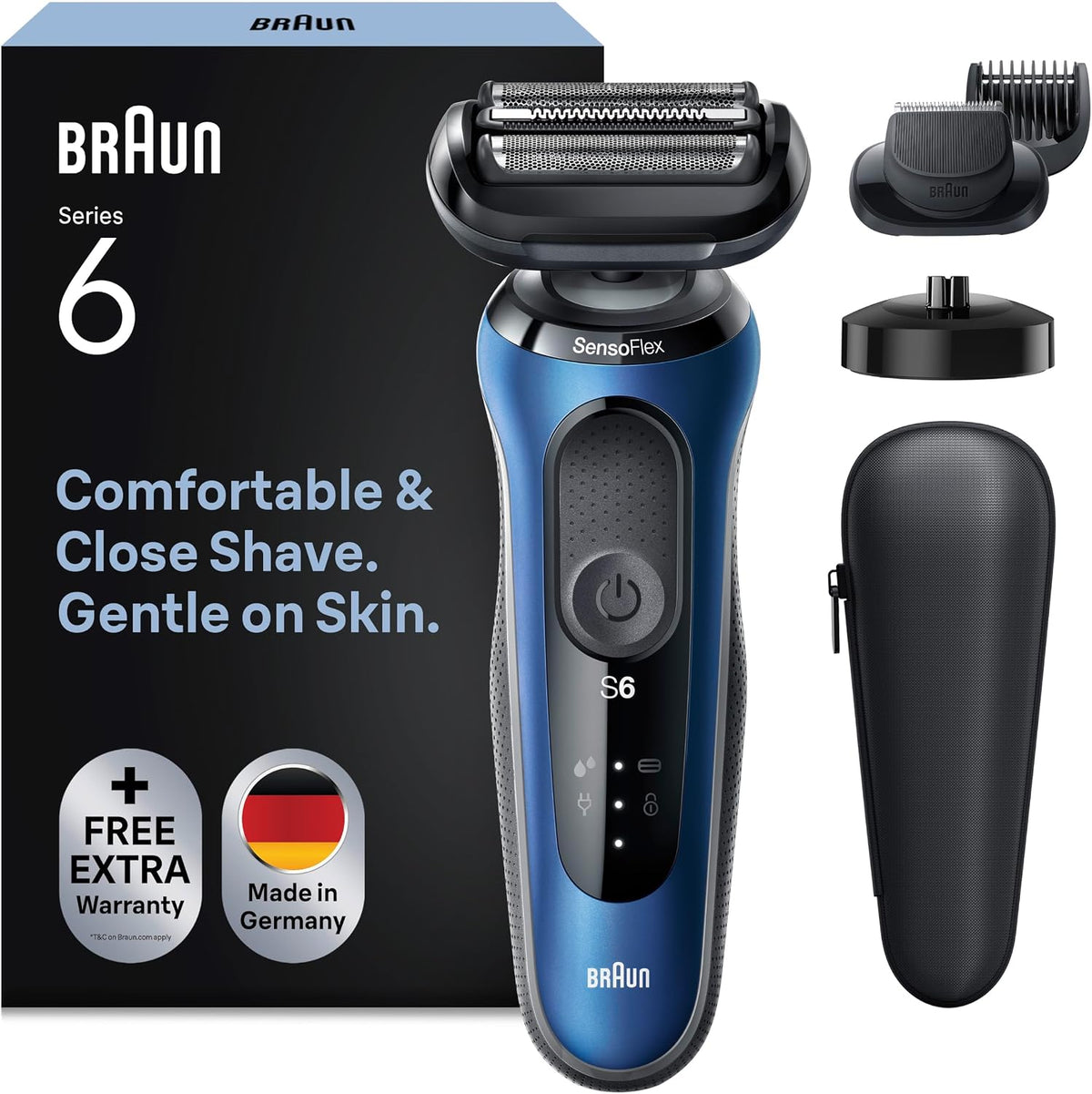 Braun Elektrorasierer, Braun/blau, Series 6 mit EasyClick Barttrimmer Aufsatz, SensoFlex Rasierer Herren Elektrisch