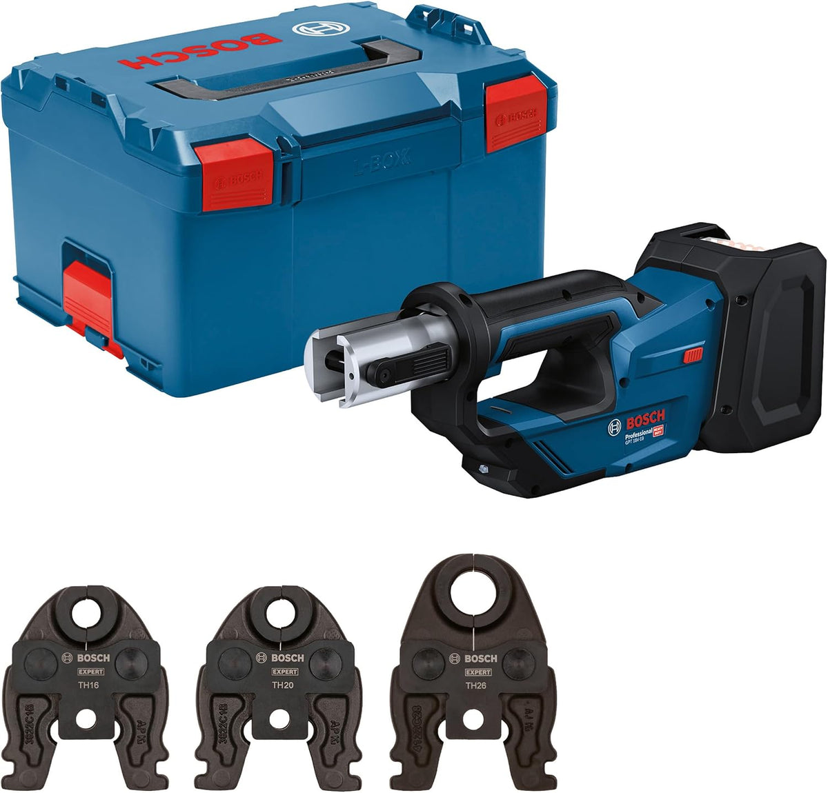 Bosch Professional Einpresswerkzeuge, 18 V, Blau/Schwarz, System Akku Presswerkzeug GPT -19 (19 kN Kraft, um 360° drehbarer Kopf