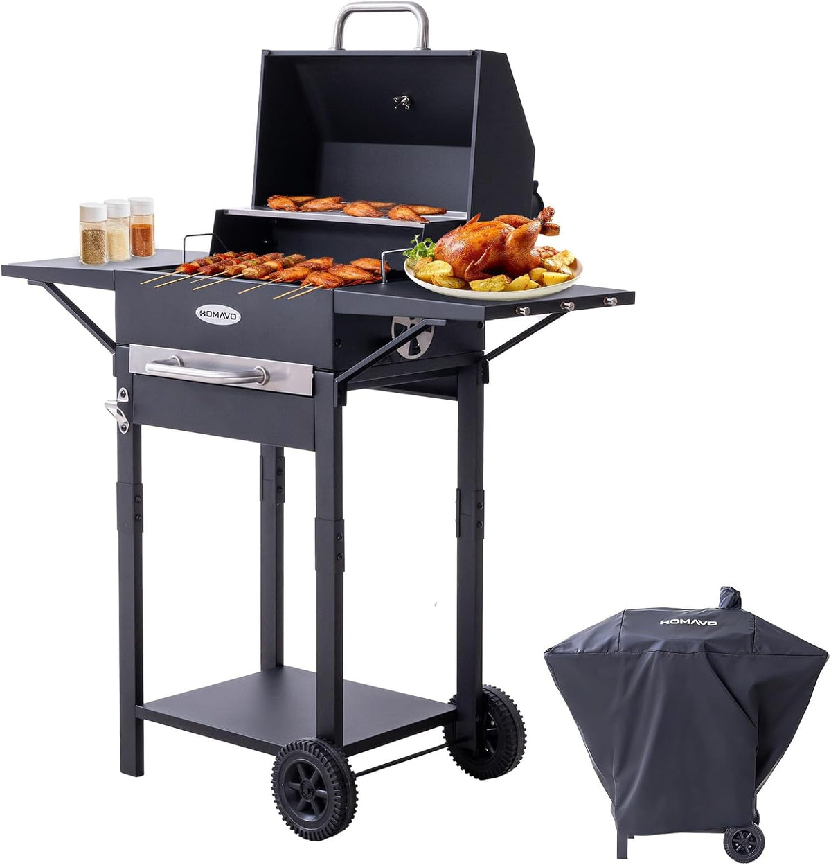 HOMAVO Holzkohlegrill, Mehrfarbig, mit Deckel und Abdeckhaube, 2-in-1 Stand- & Tischgrill, Kompakter Balkon Grillwagen