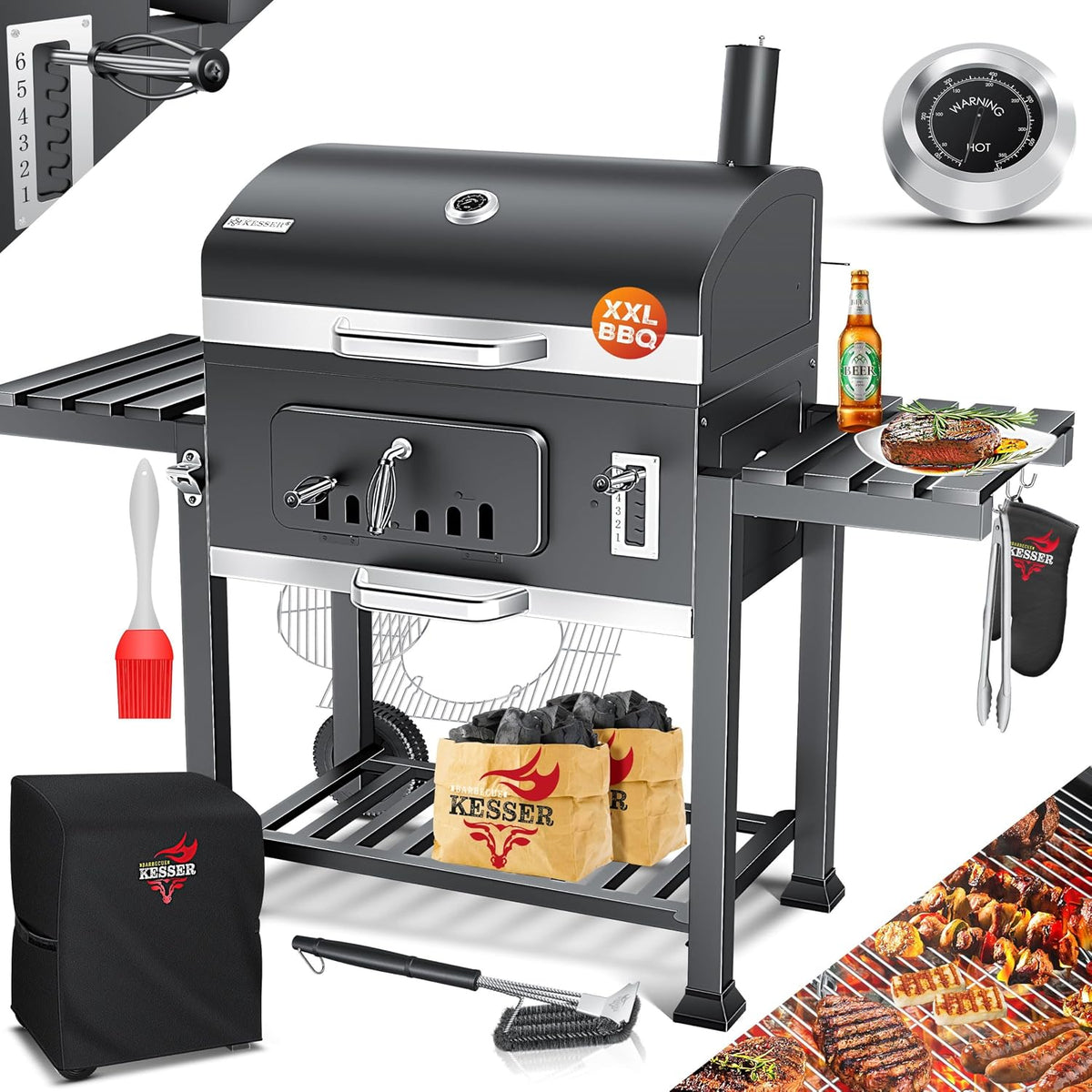 KESSER Holzkohlegrill, Schwarz/Silber, XXL Grillwagen Set mit Deckel & Thermometer, großer BBQ Kohlegrill Wagen