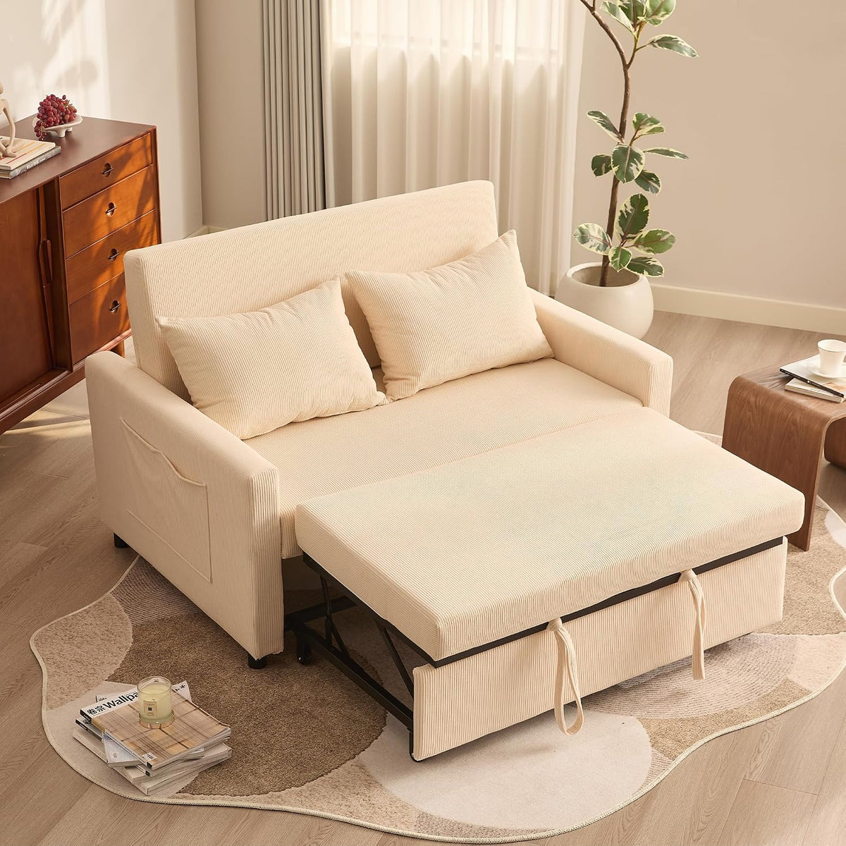 Sofa Litbird, Beige, Schlaf 2-Sitzer, 3-in-1 ausziehbares Bett, Cordstoff Schlafcouch mit Verstellbarer Rückenlehne