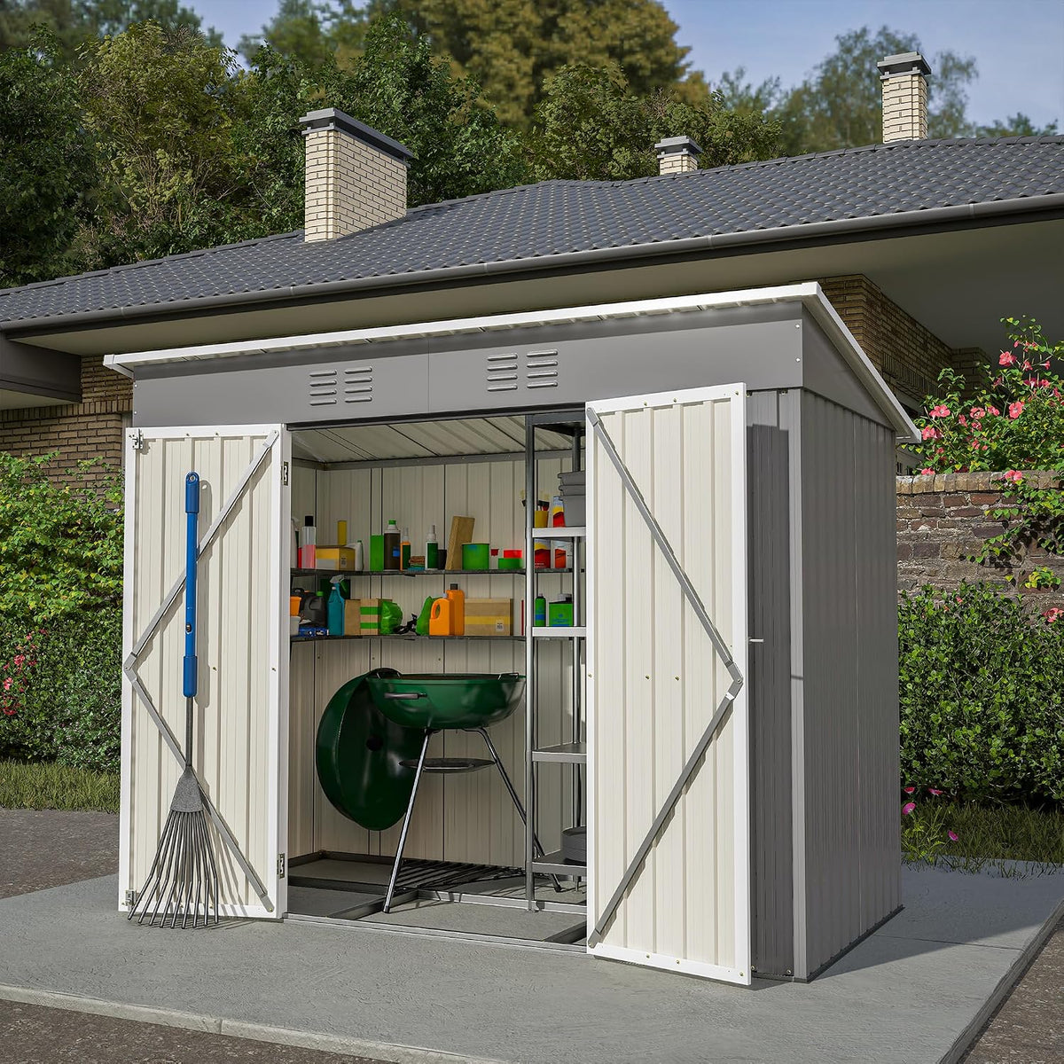 Gerätehaus Gegtuon, 229x111x182 cm, Grau, Metall, Geräteschuppen Gartenhaus mit Satteldach, Gartenschrank mit 2 Türen & Stauraum Regal
