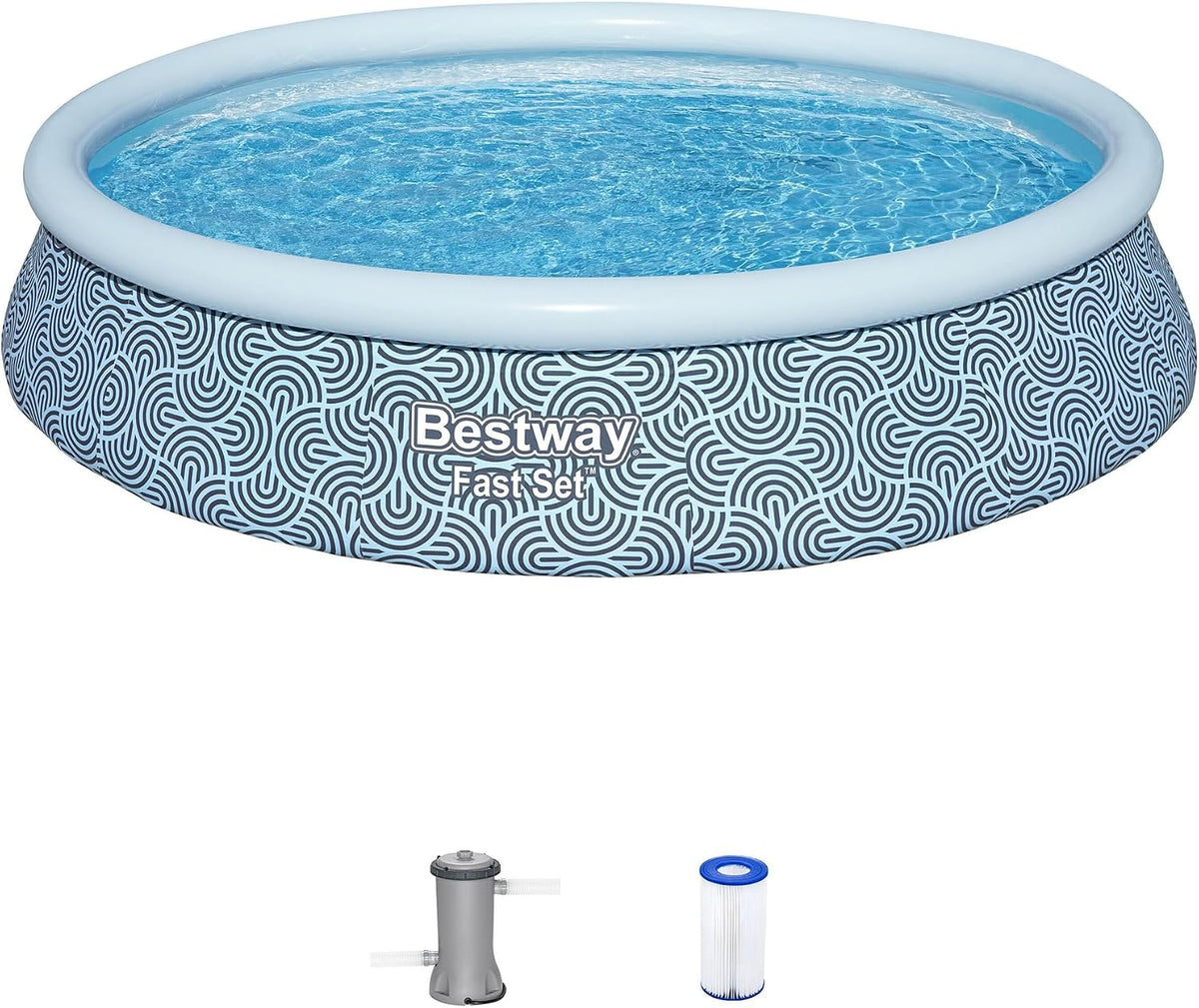 Bestway Kiddie Pools, Blau/Weiß, Fast Set 13' x 33' Round Inflatable Above Ground Swimming, Rattan Print