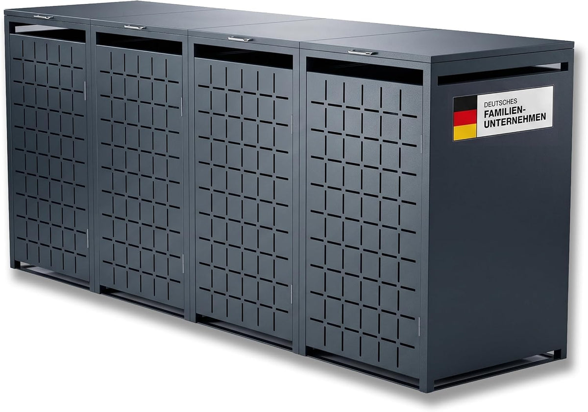 Metzler Mülltonnenbox, 240 L, Anthrazit, 4er mit Quadratmuster, Metall Mülltonnenverkleidung für 4 Tonnen abschließbar