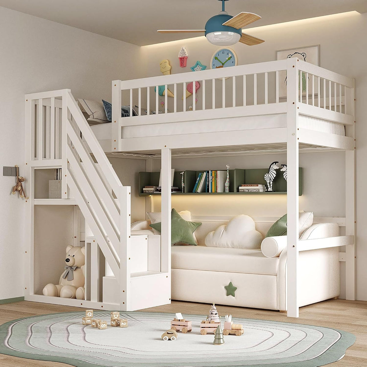 Jovify Bett, 205x133.5x173 cm, Weiß, Etagen 90x200, Kinder Hoch mit Treppe und Aufbewahrungsschrank, Massivholz