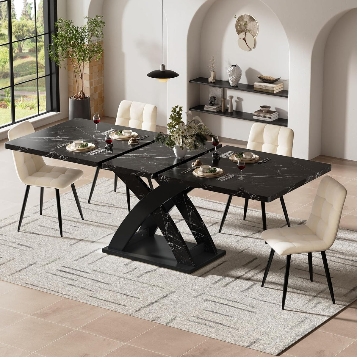 Gxffipw Esstisch, 160x80x75 cm, Schwarz, Ausziehbar mit X-Förmige Tischbeine für 4-6 Personen, Esszimmertische Küchentisch mit Unverwechselbare Muster
