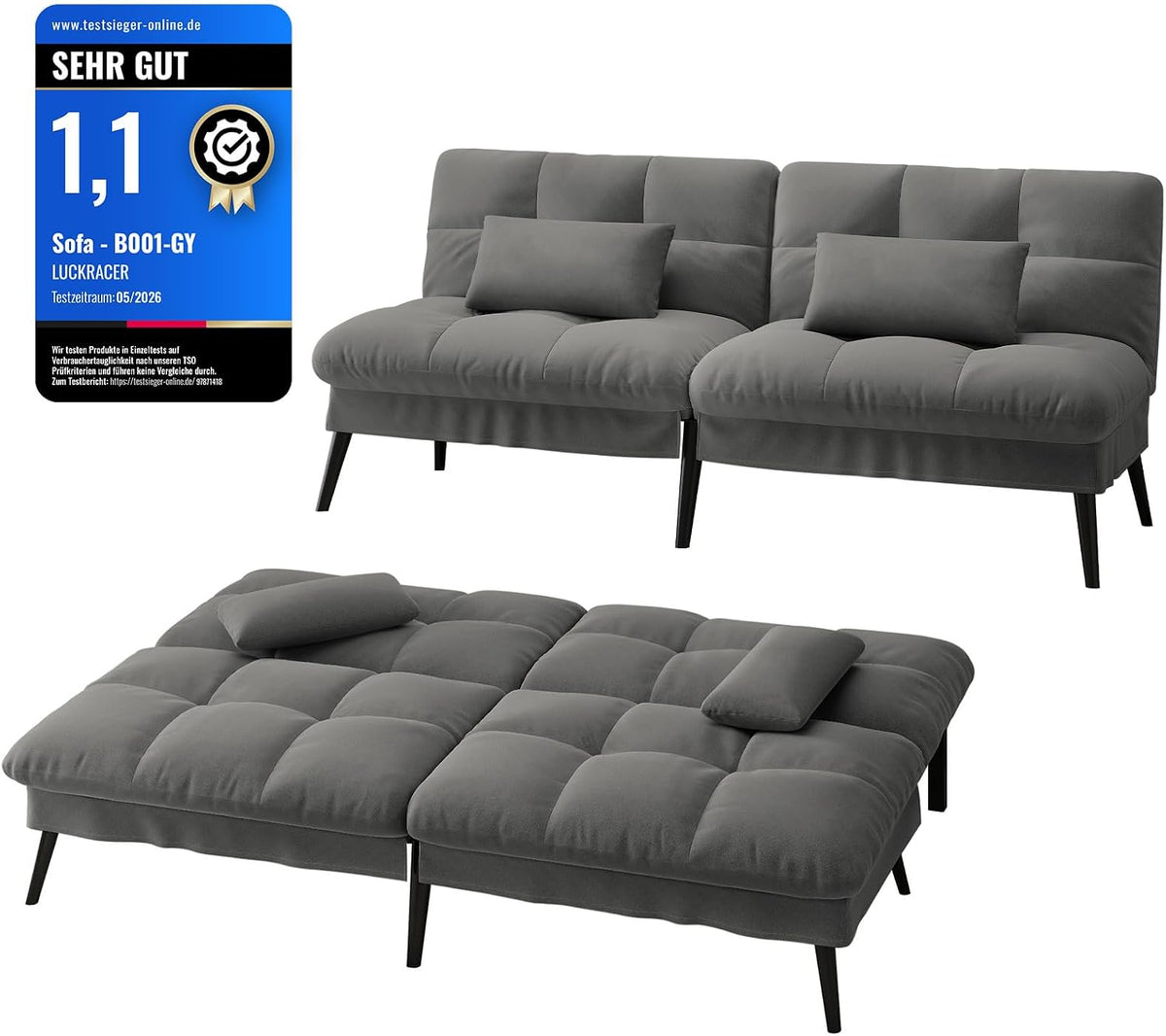 Sofa LUCKRACER, Grau, 3 Sitzer Schlaf mit Schlaffunktion, überzug Futon Klapp, Bettcouch, Couch, 5 Verstellbare Winkel