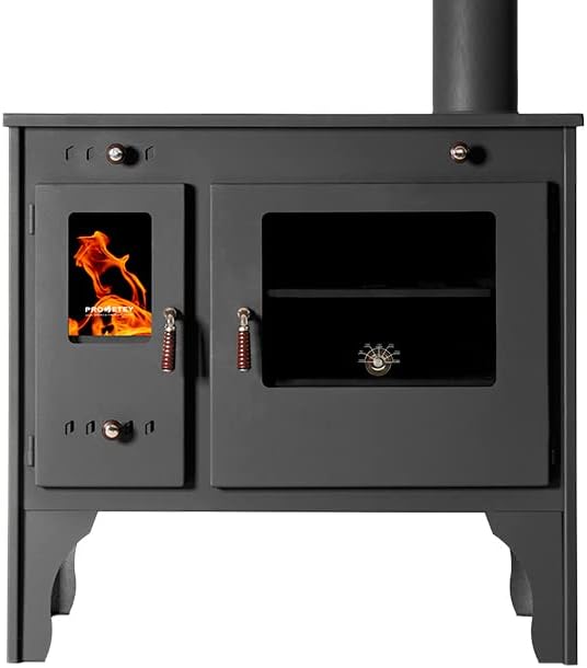Prometey Kaminofen, 7 kW, Schwarz, EEK A+ mit Backfach und Herdplatte Eco Retro Holzofen Kam