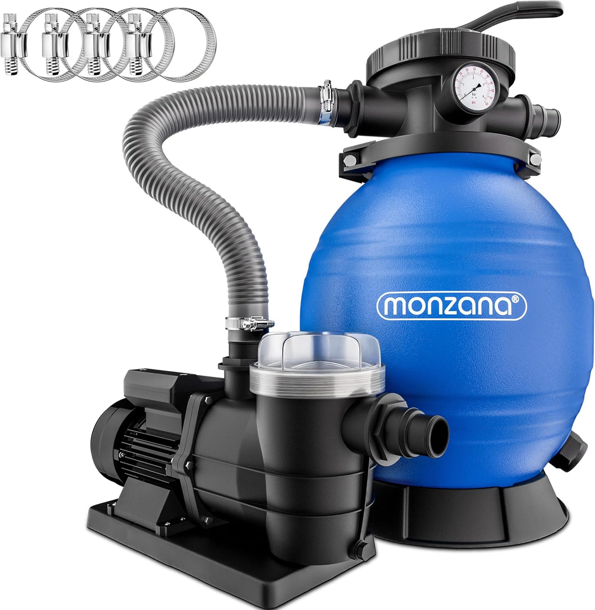 Monzana Filter, 30.000 L, 9600 L, 38 mm, Blau/Schwarz, Sand anlage SF96K /h bis Pool Selbstansaugend 400 Watt