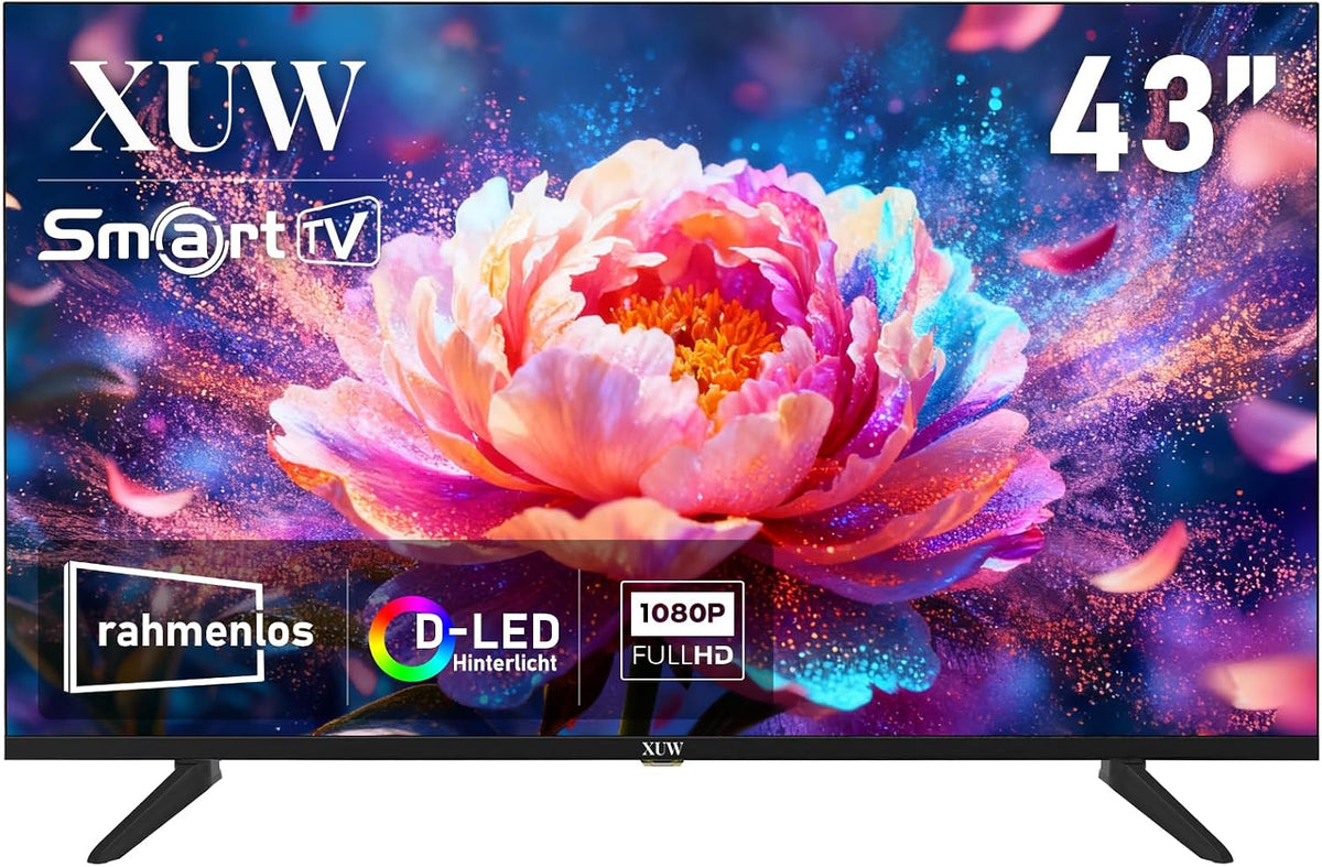 Fernseher, schwarz, Smart TV, 43-Zoll Full HD Smart TV, D-LED-Hintergrundbeleuchtung, randloses Design, HDMI, DVB-T2/S2