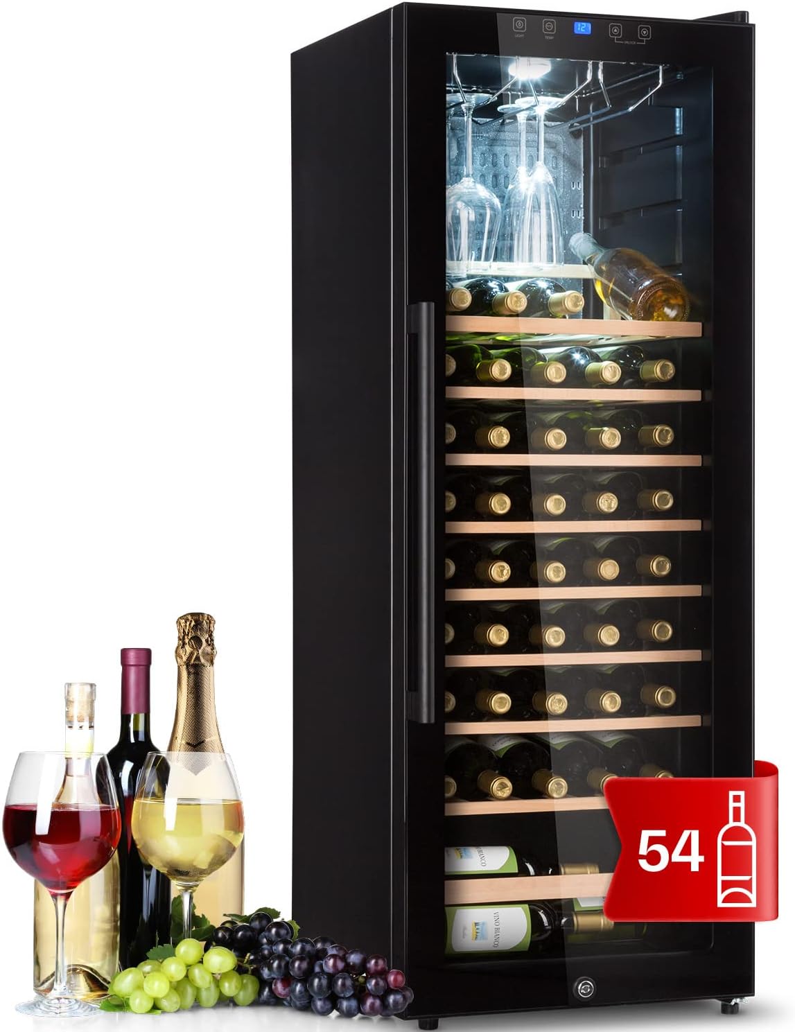 Klarstein Getränkekühlschrank, Schwarz, Weinkühlschrank, Schmal, 1 Zone Kühlschrank mit Glastür, Getränkekühlschränke Freistehend