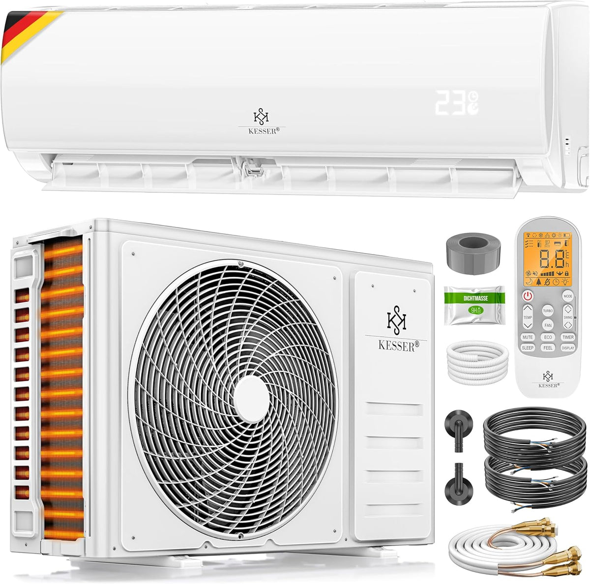 KESSER Split-Klimaanlage, 2,6 kW, Weiß, Split Klimaanlage Set Quick Connect, WiFi & App Klimagerät mit Heizfunktion & Kühlmodus