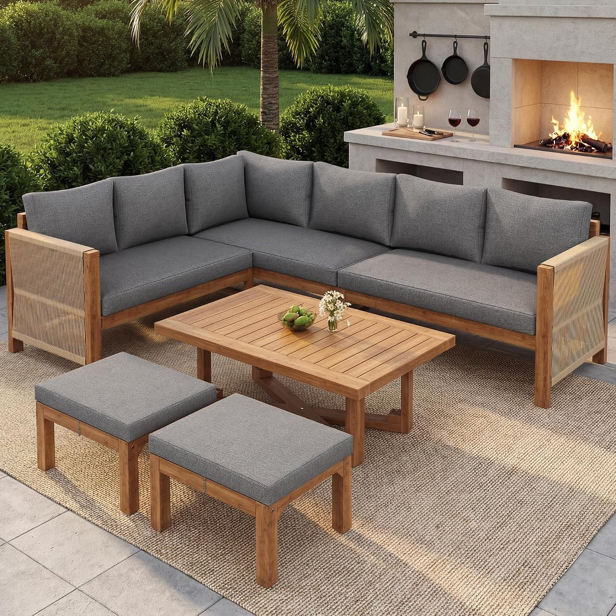 Arhatreya Sofa, Grau, Modulares Gartenmöbel Set, 6-Sitzer Eck mit Kissen, 2 Hockern & Tisch, atmungsaktiv & spritzwassergeschützt
