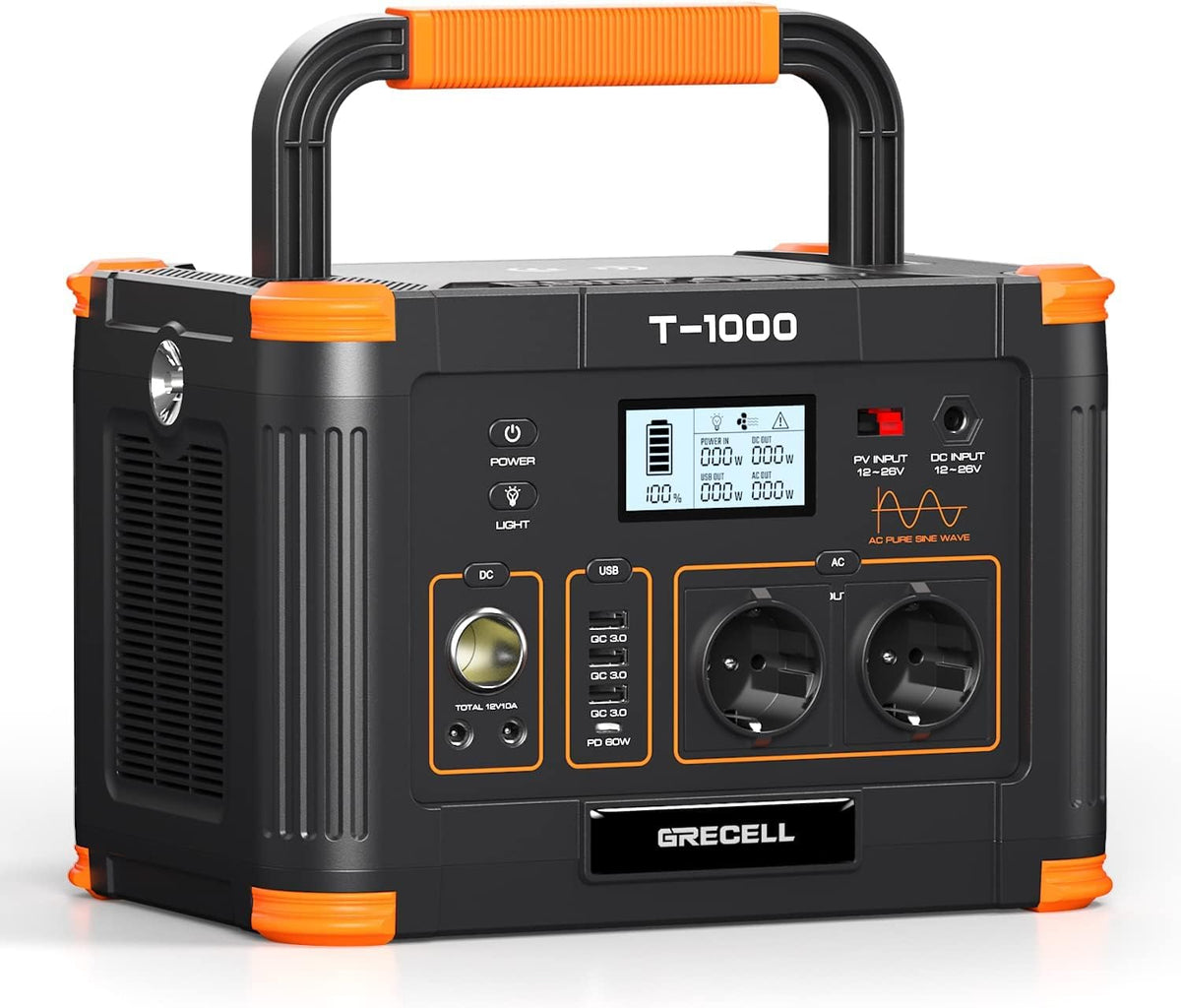 GRECELL Powerstation, 1000 W, 999 Wh, 1000 W, Schwarz/Orange, Portable Power Station, Lithium Batterie Solar Generator