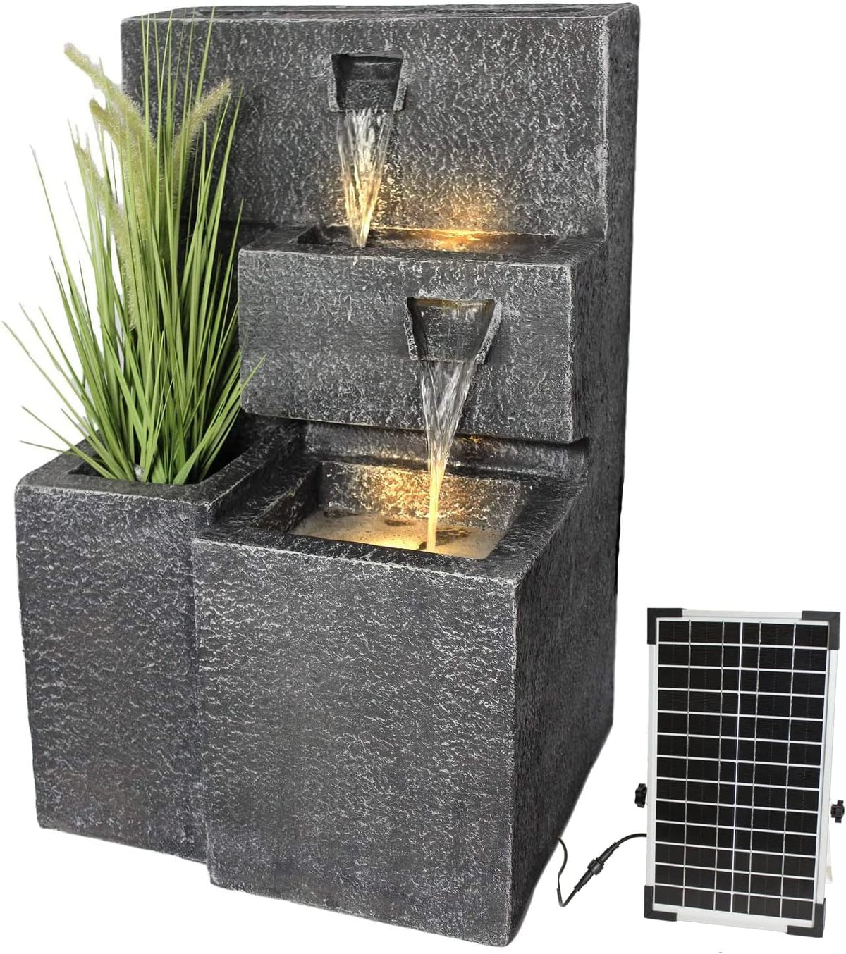 Arnusa Springbrunnen, Polyresin (Kunstharz mit Steinmehl), Grau, Solar Gartenbrunnen Grada bepflanzbar mit LED Beleuchtung