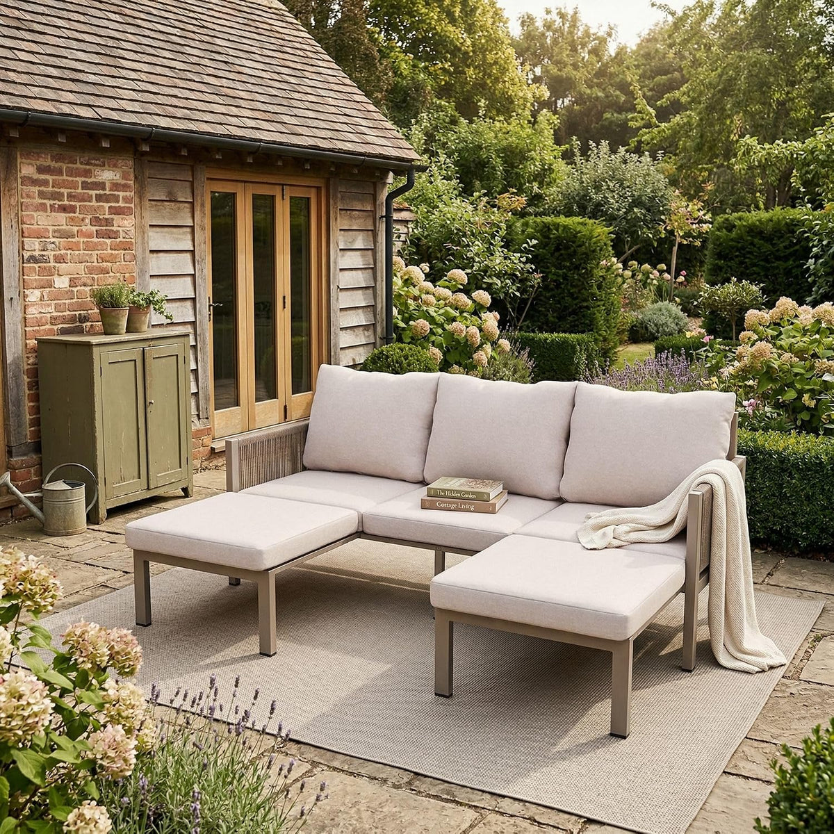Sofa Lahoomu, Beige, Gartenmöbel-Set, Outdoor, 3-Sitzer-, Multifunktionales, lässt Sich in einen Liegesessel verwandeln